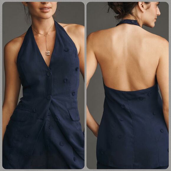 Maeve Navy Linen Blend Floral Detail Halter Vest Top Women's Size XL NEW - Picture 1 of 9